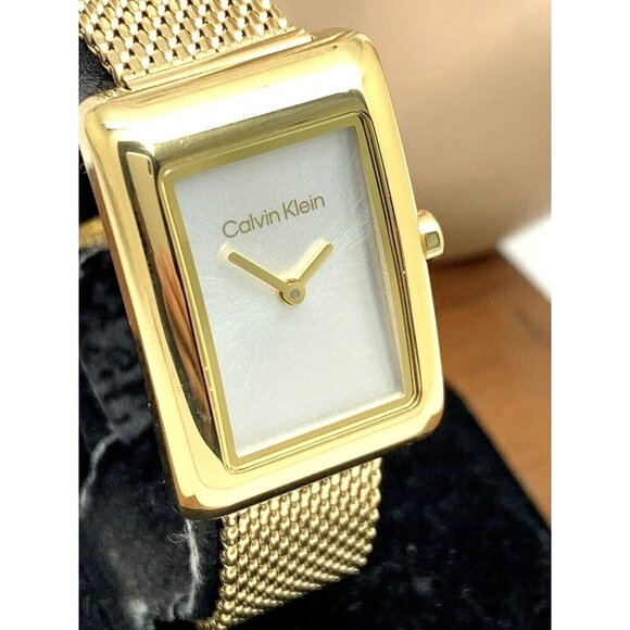 Calvin Klein Women's Watch Silver Dial Quartz Gold Mesh Steel Band Tank … - Picture 1 of 13
